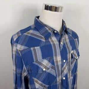 Salt Valley Western XL Pearl Snap Shirt Blue Gray Plaid 100% Cotton Cowboy